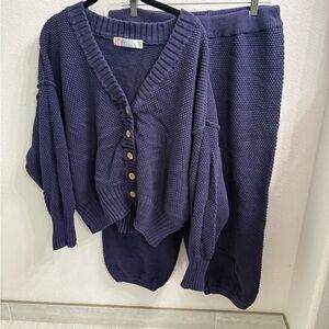 Free People Hailee Cardigan Sweater & Pant Set - Navy - Size L